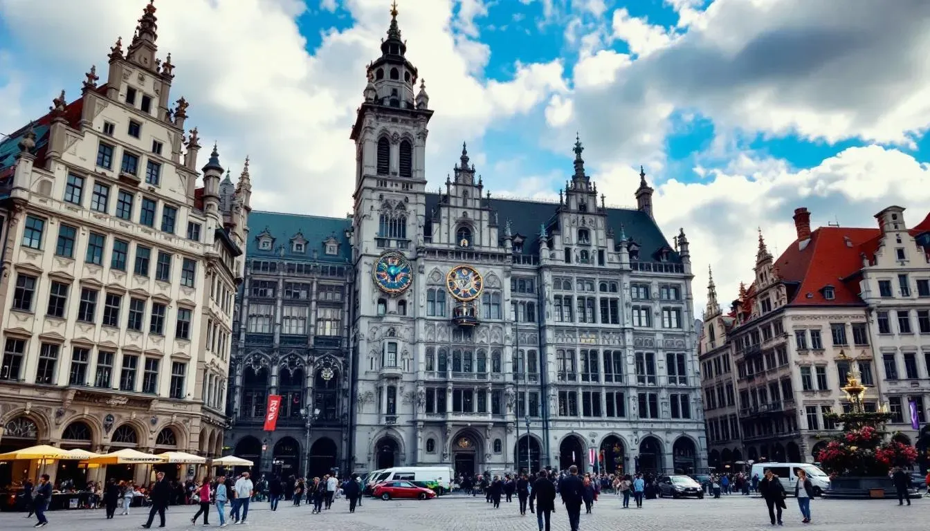 Filming in Munich with Marienplatz Glockenspiel view
