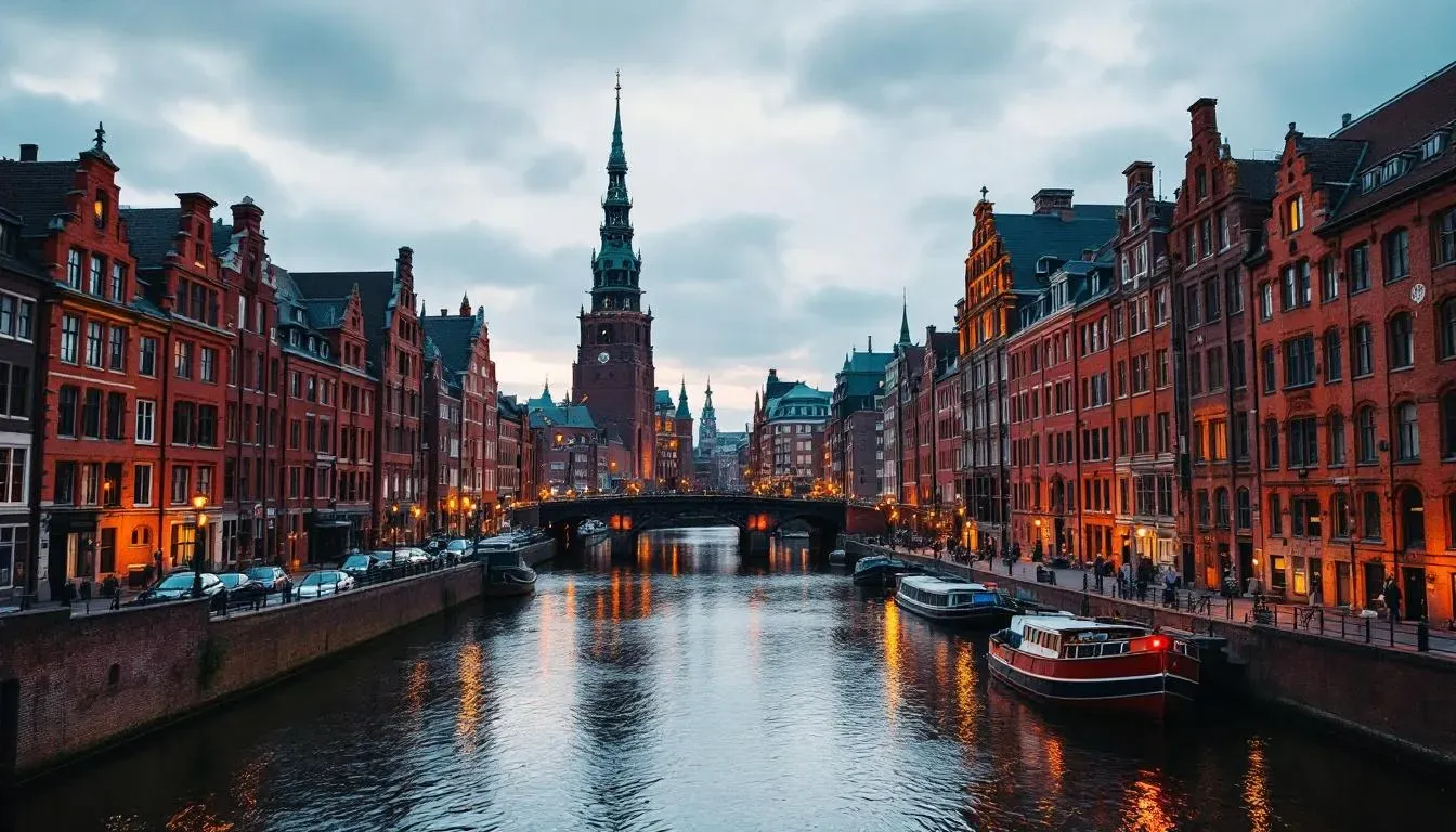 Filming in Hamburg with Speicherstadt warehouse district view